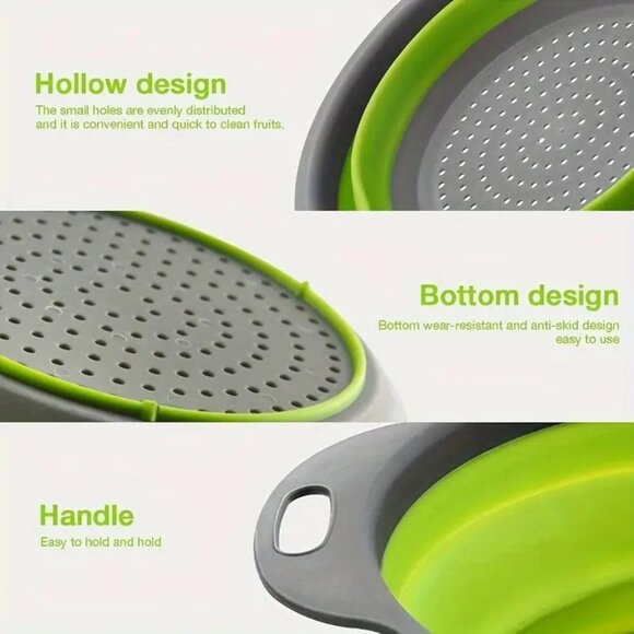 2-Pack Collapsible Space-Saving Silicone Kitchen Colanders Green Strainers Round - Picture 4 of 6